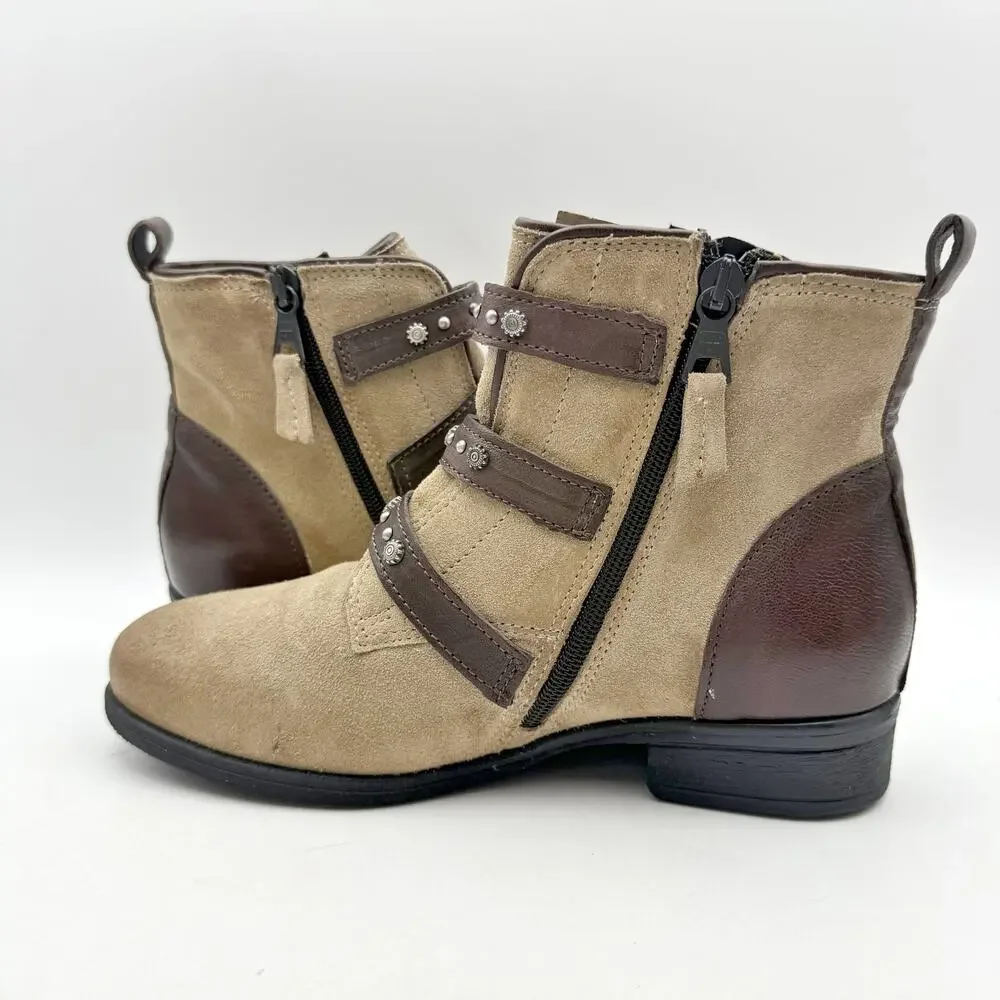 Miz Mooz Womens Sherri Ankle Boots EU 36 Size 6 Pebble Tan Suede Buckle EUC